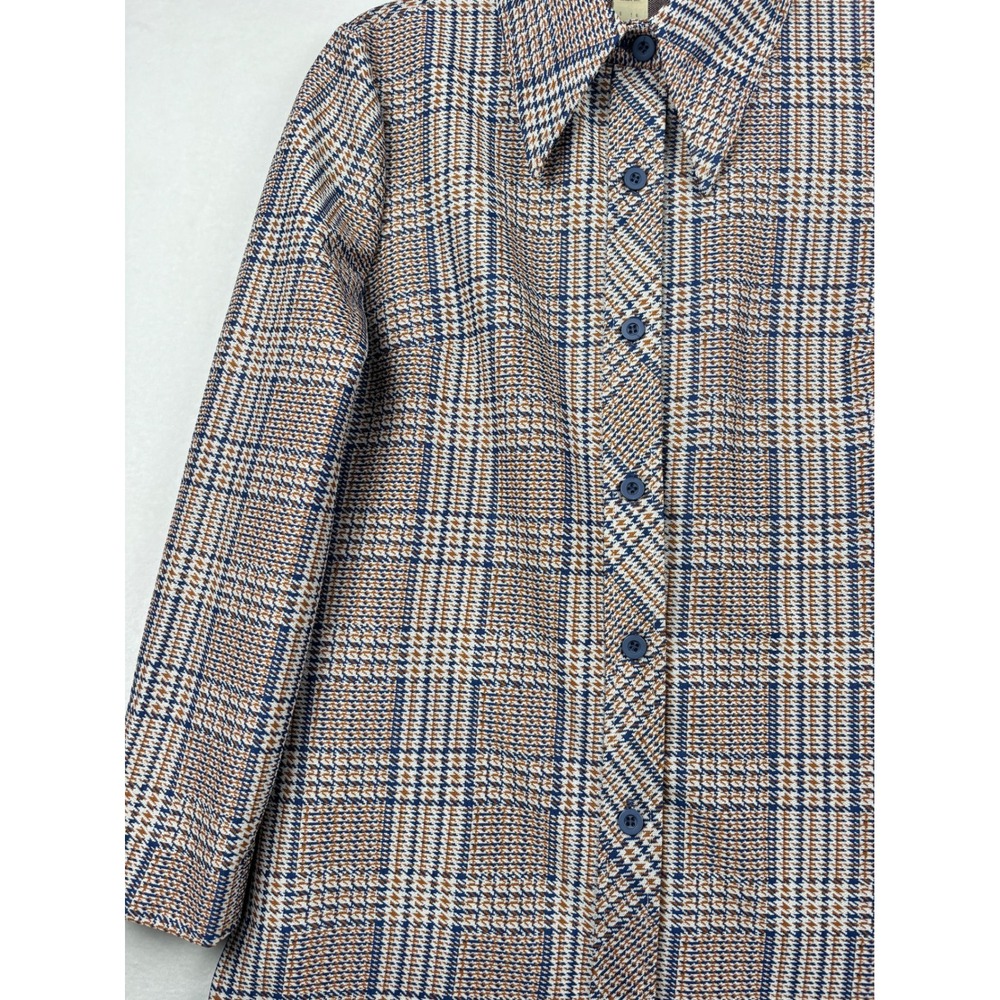 Vintage 1970s Shirt Jacket Womens 16 Plaid Knit Point Collar Mod Button Up